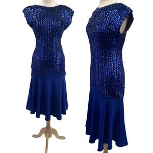 Vintage 70s 80s Sequin Chiffon Hem Midi Dress Cocktail Cobalt Blue Womens Small